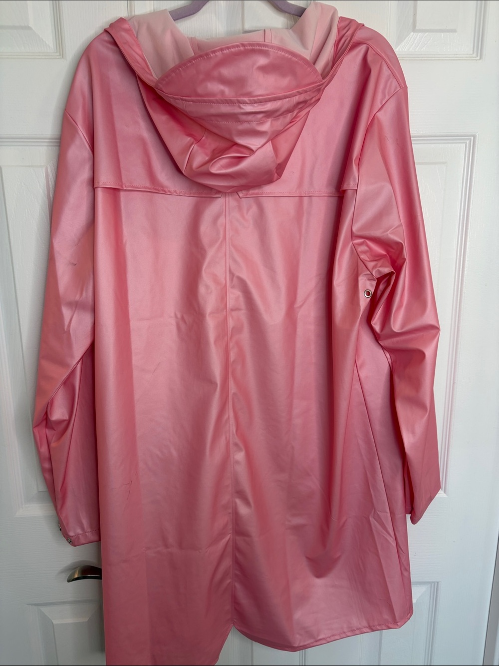 RAINS LONG RAIN JACKET TRENCH IN PINK SKY WITH HOOD UNISEX COASTAL CHIC SZ LARGE - Picture 9 of 13